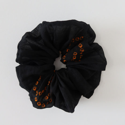 Black Bandhani Scrunchie with Gold Accents