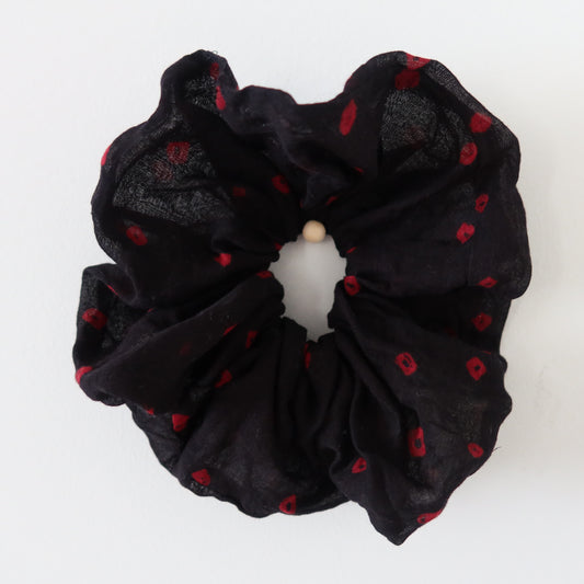 Black Bandhani Scrunchie with Red Accents