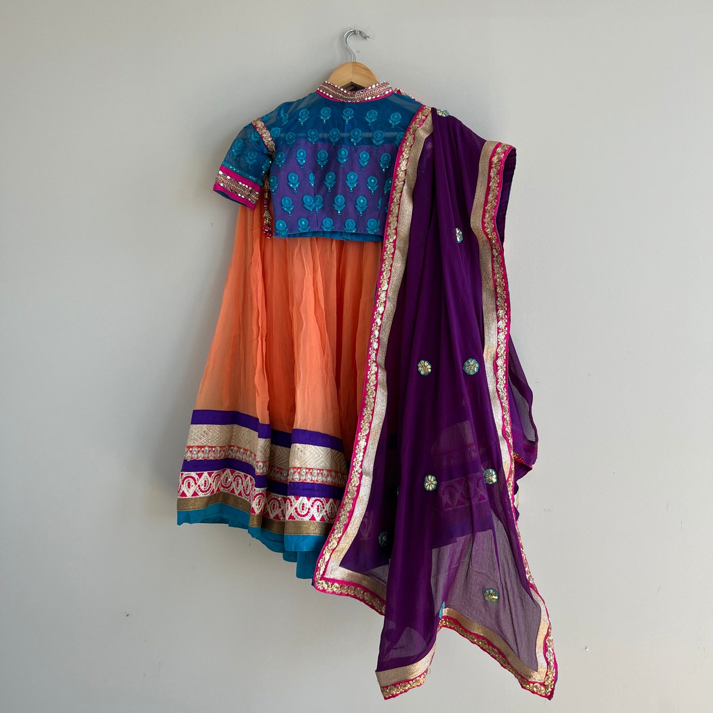 Vibrant Orange, Blue, and Purple Lehenga Choli Set for Kids