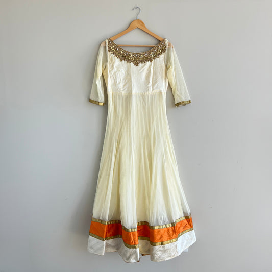 Off-White Anarkali Set with Orange and Pink Accents and Mirror Embroidery