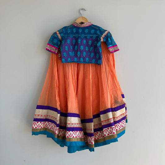 Vibrant Orange, Blue, and Purple Lehenga Choli Set for Kids