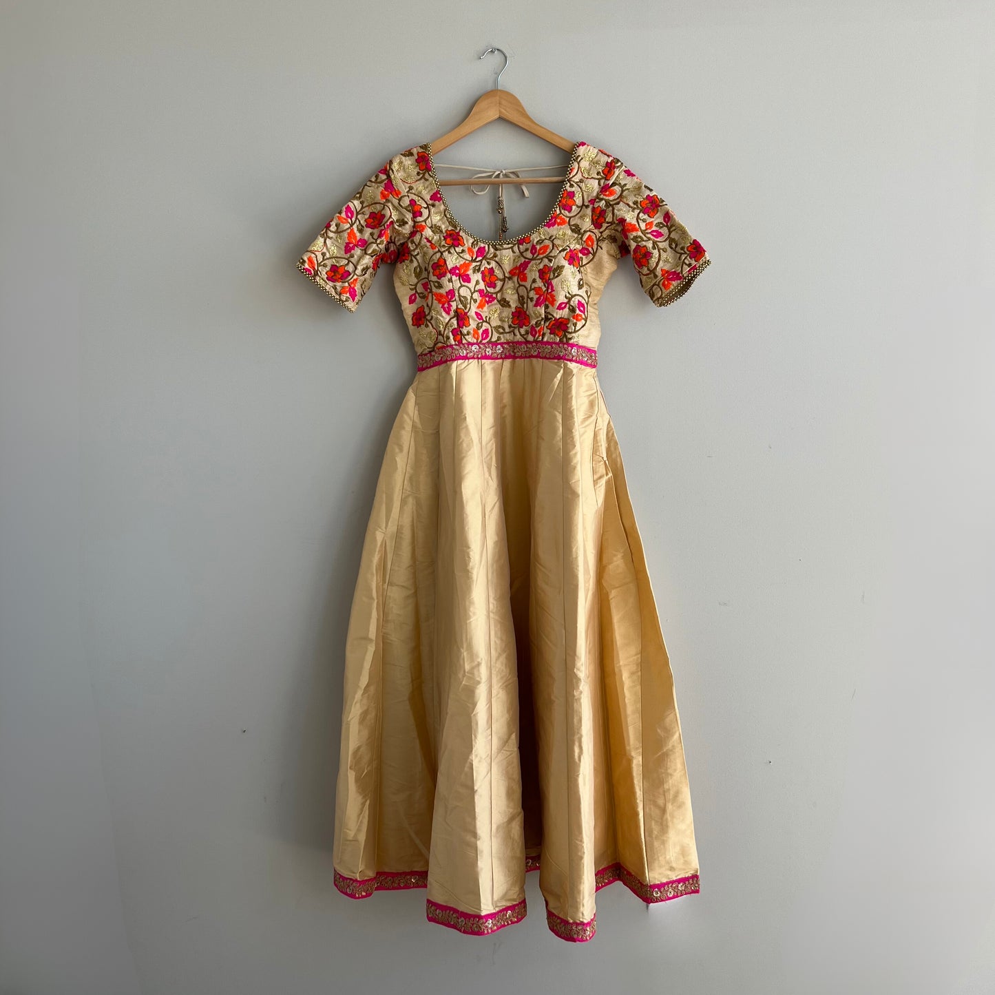 Elegant Beige Anarkali Top with Vibrant Orange and Pink Embroidery