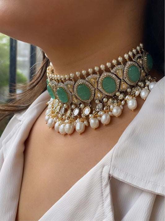 Statement Turquoise Stone & Pearl Necklace Set