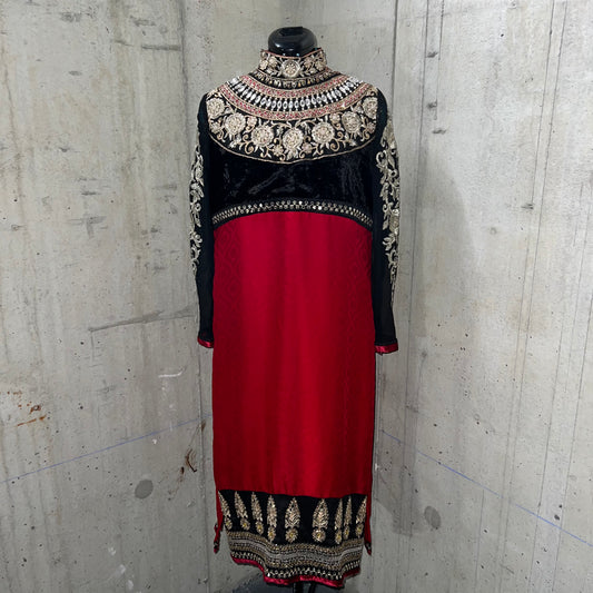 Embroidered High Neck Red and Black Kurta Set