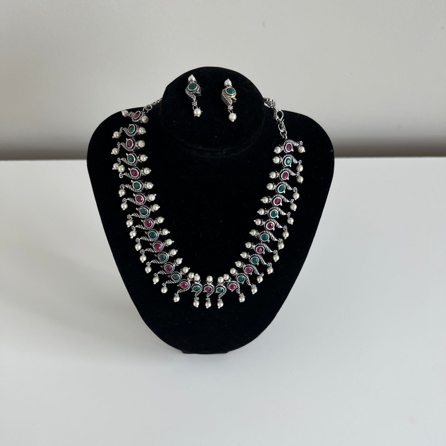 Vintage-inspired Oxidized Set with Pink and Green Stones