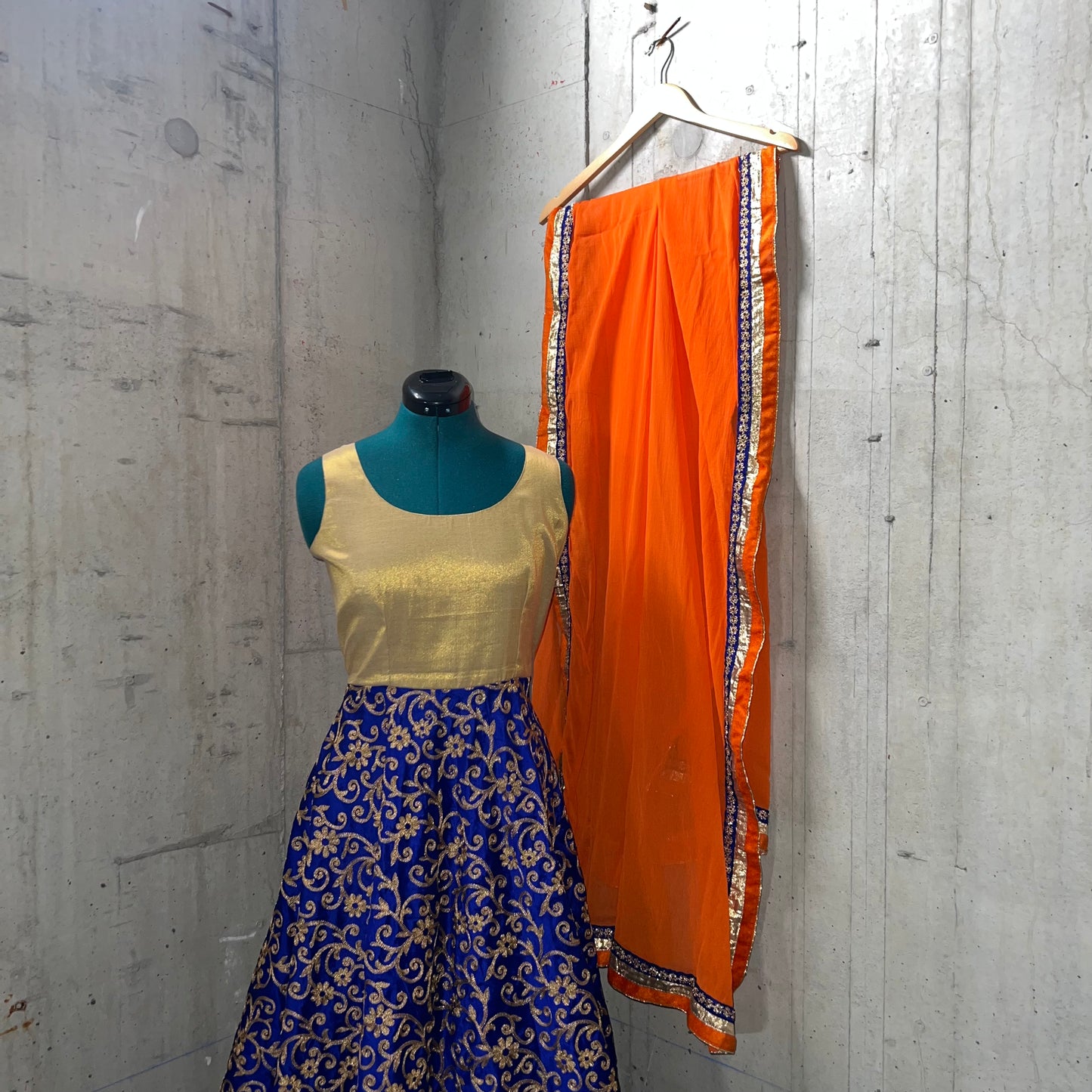 Blue Anarkali with Orange Dupatta