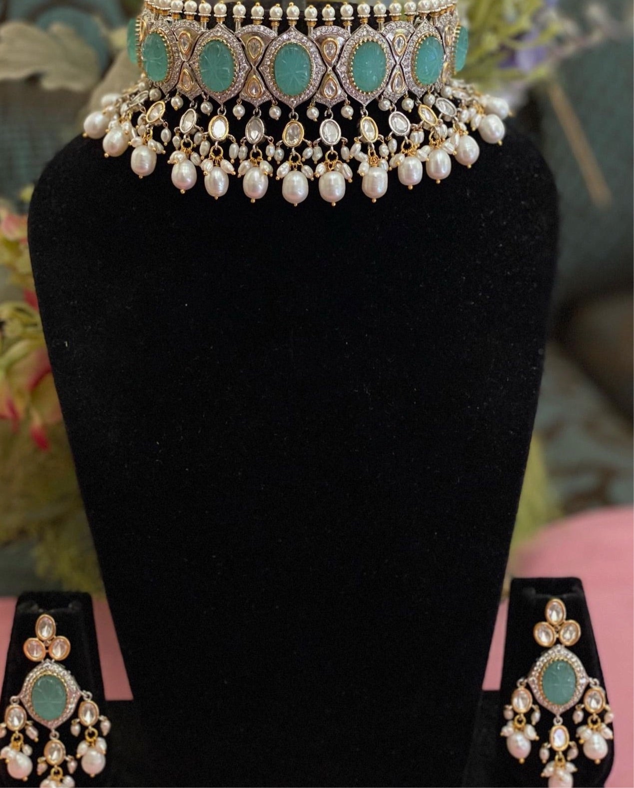 Statement Turquoise Stone & Pearl Necklace Set